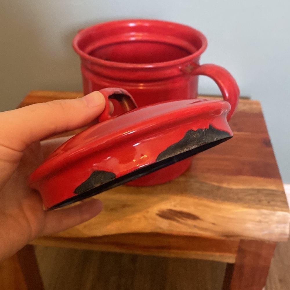 Porcelain red enamel coffee pot 1940 tea pot. Shabby chic retro cottagecore - Picture 9 of 11